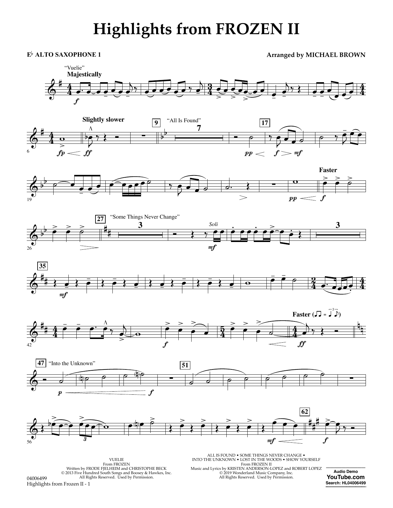Kristen Anderson-Lopez & Robert Lopez Highlights from Disney's Frozen 2 (arr. Michael Brown) - Eb Alto Saxophone 1 sheet music notes and chords arranged for Concert Band