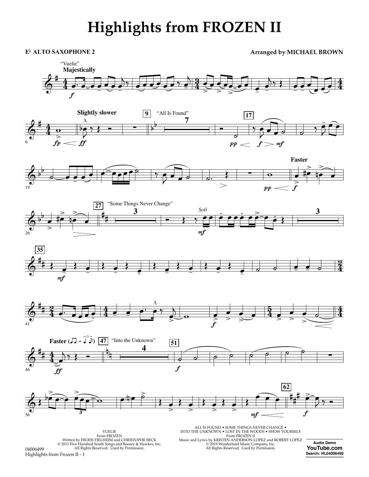 Kristen Anderson-Lopez & Robert Lopez Highlights from Disney's Frozen 2 (arr. Michael Brown) - Eb Alto Saxophone 2 sheet music notes and chords arranged for Concert Band