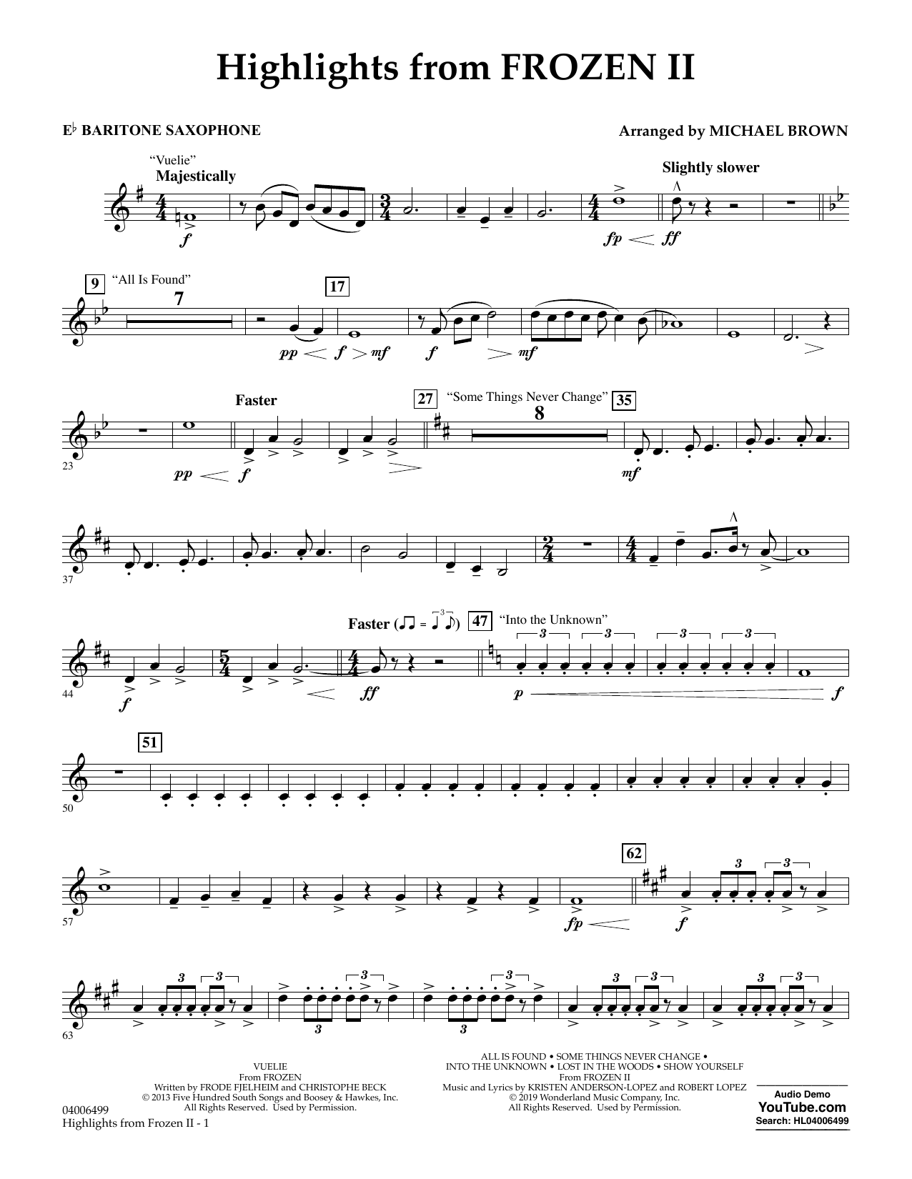 Kristen Anderson-Lopez & Robert Lopez Highlights from Disney's Frozen 2 (arr. Michael Brown) - Eb Baritone Saxophone sheet music notes and chords arranged for Concert Band