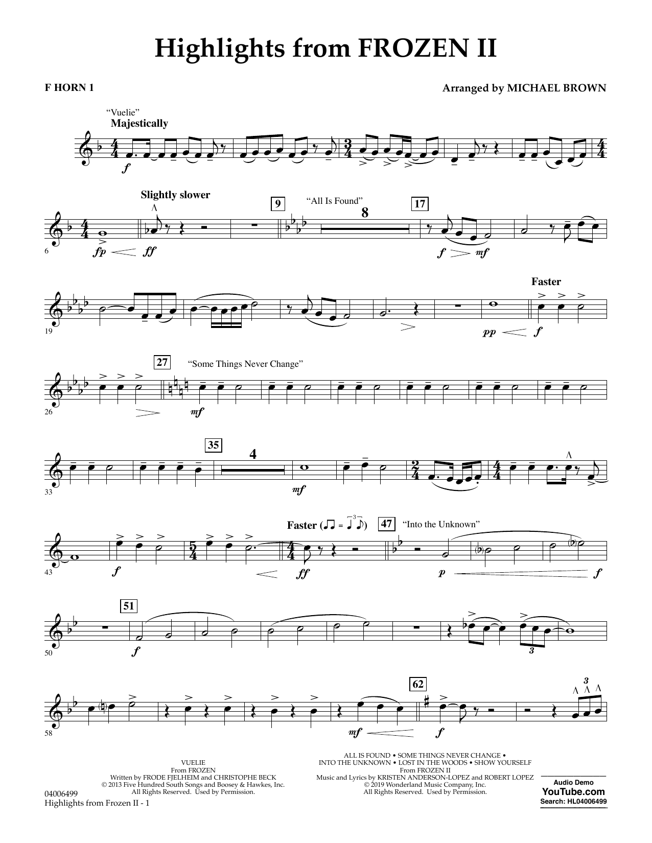 Kristen Anderson-Lopez & Robert Lopez Highlights from Disney's Frozen 2 (arr. Michael Brown) - F Horn 1 sheet music notes and chords arranged for Concert Band