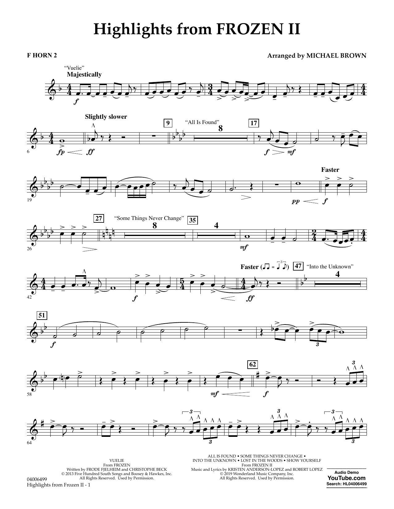 Kristen Anderson-Lopez & Robert Lopez Highlights from Disney's Frozen 2 (arr. Michael Brown) - F Horn 2 sheet music notes and chords arranged for Concert Band