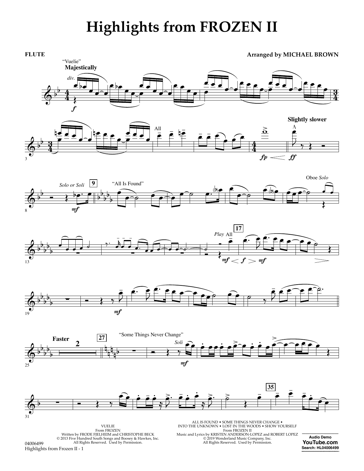 Kristen Anderson-Lopez & Robert Lopez Highlights from Disney's Frozen 2 (arr. Michael Brown) - Flute sheet music notes and chords arranged for Concert Band