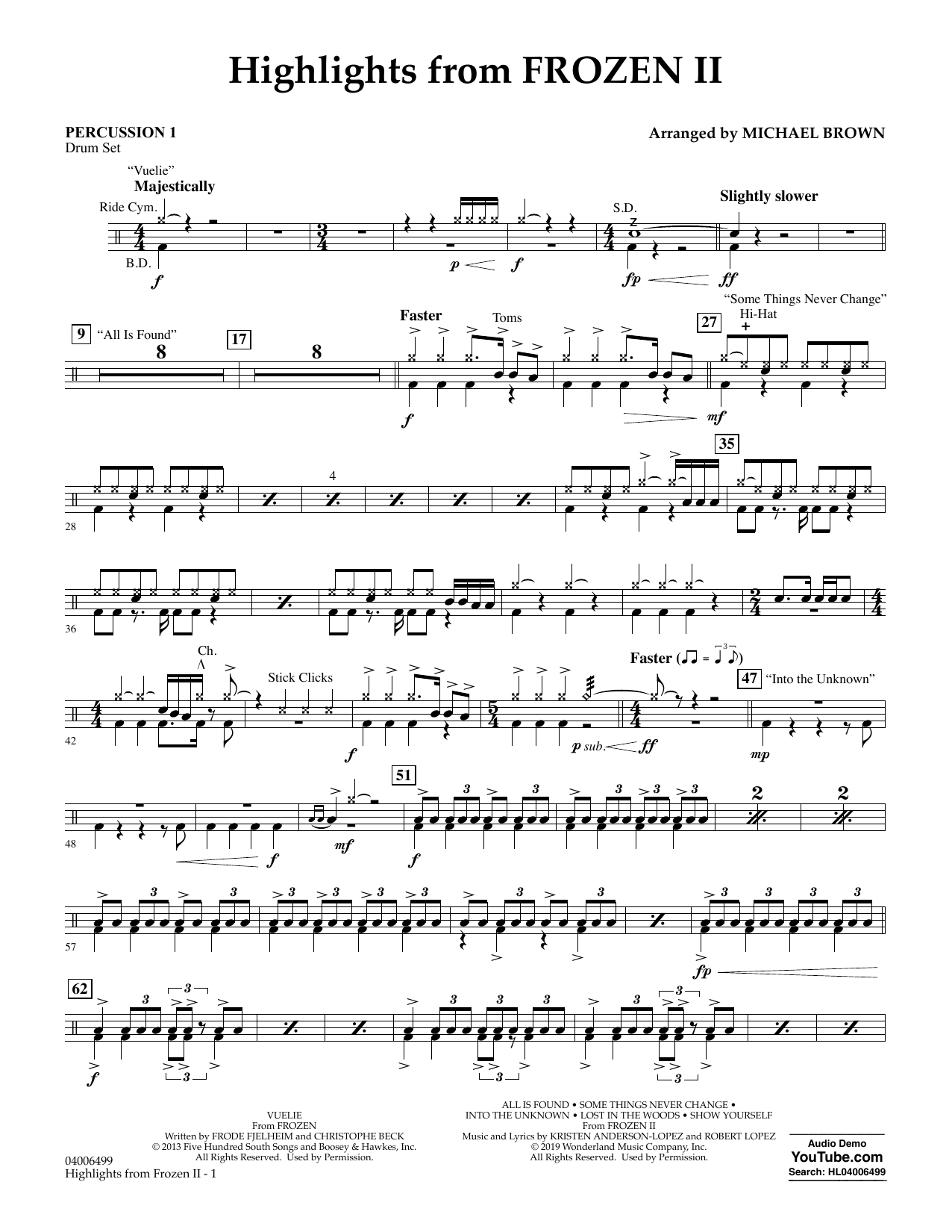 Kristen Anderson-Lopez & Robert Lopez Highlights from Disney's Frozen 2 (arr. Michael Brown) - Percussion 1 sheet music notes and chords arranged for Concert Band