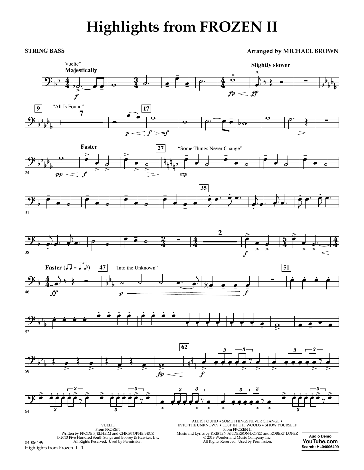 Kristen Anderson-Lopez & Robert Lopez Highlights from Disney's Frozen 2 (arr. Michael Brown) - String Bass sheet music notes and chords arranged for Concert Band