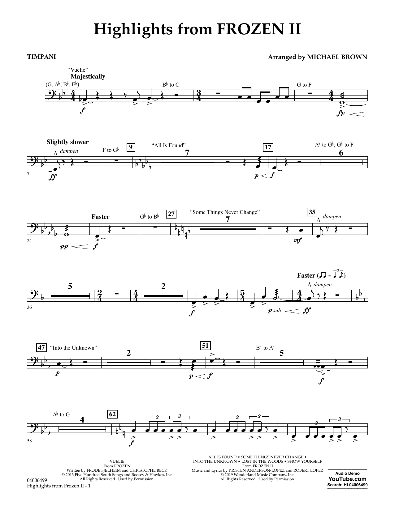 Kristen Anderson-Lopez & Robert Lopez Highlights from Disney's Frozen 2 (arr. Michael Brown) - Timpani sheet music notes and chords arranged for Concert Band