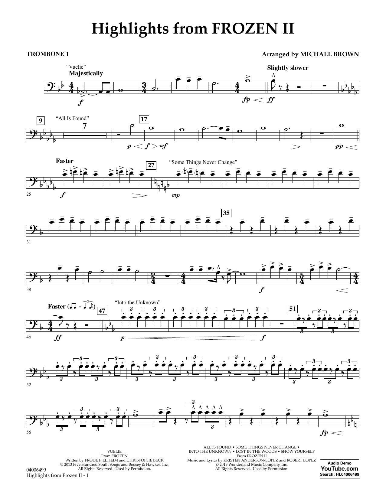 Kristen Anderson-Lopez & Robert Lopez Highlights from Disney's Frozen 2 (arr. Michael Brown) - Trombone 1 sheet music notes and chords arranged for Concert Band