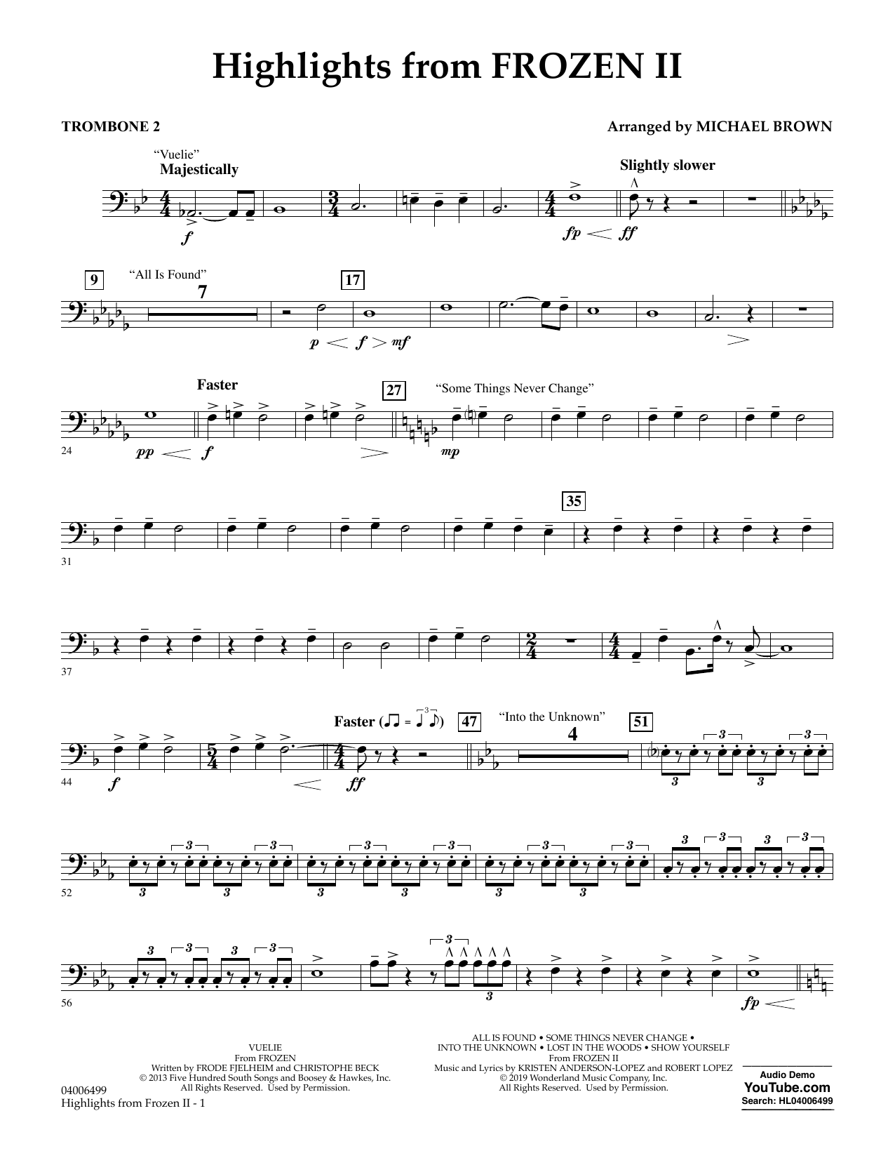 Kristen Anderson-Lopez & Robert Lopez Highlights from Disney's Frozen 2 (arr. Michael Brown) - Trombone 2 sheet music notes and chords arranged for Concert Band