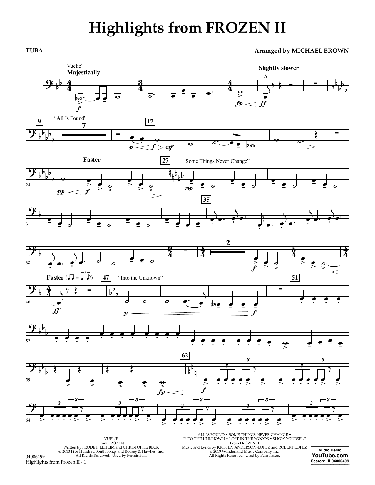Kristen Anderson-Lopez & Robert Lopez Highlights from Disney's Frozen 2 (arr. Michael Brown) - Tuba sheet music notes and chords arranged for Concert Band