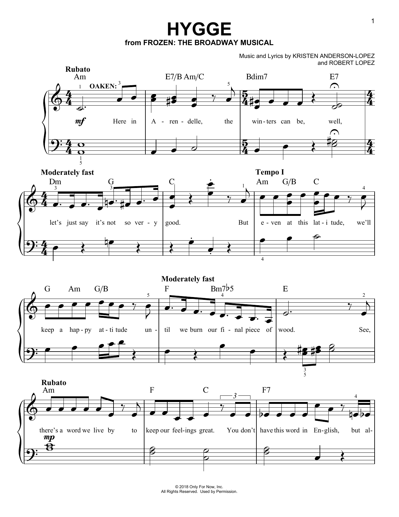 Kristen Anderson-Lopez & Robert Lopez Hygge (from Frozen: The Broadway Musical) sheet music notes and chords arranged for Piano, Vocal & Guitar Chords (Right-Hand Melody)