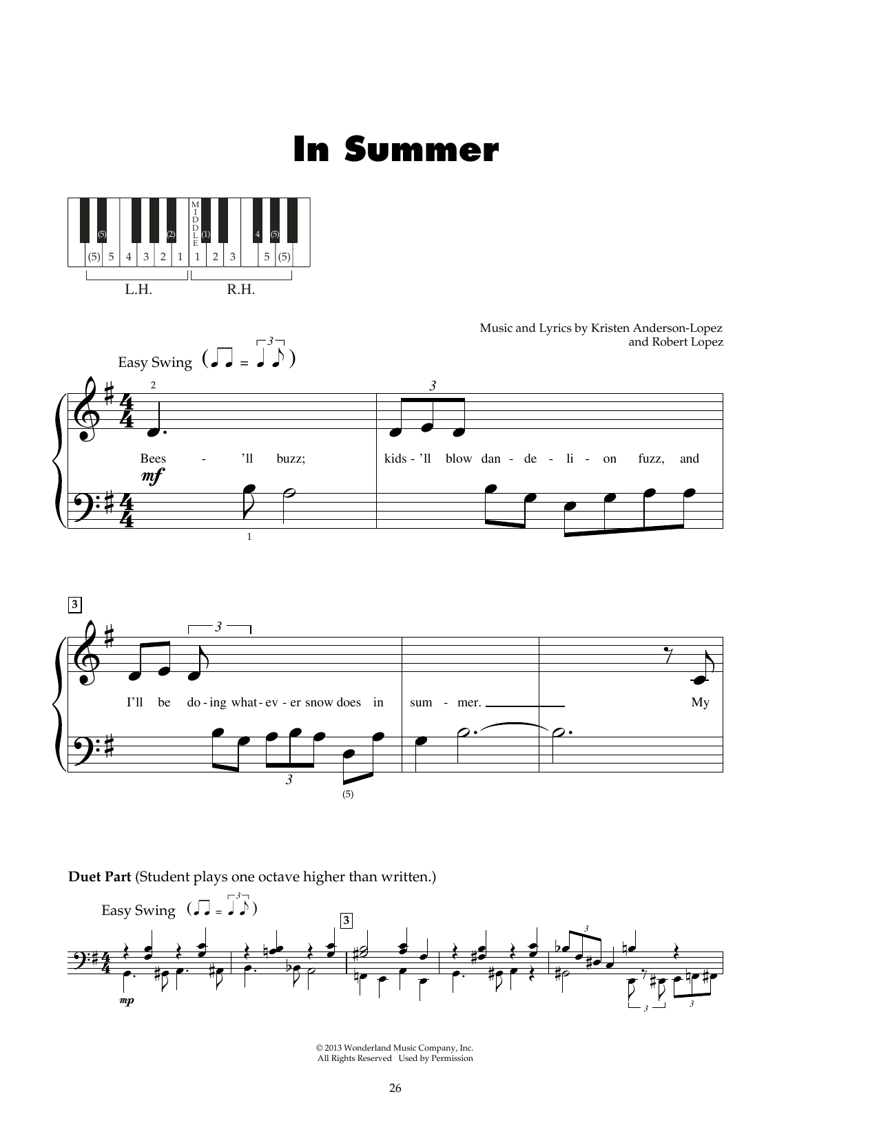 Kristen Anderson-Lopez & Robert Lopez In Summer (from Frozen) sheet music notes and chords arranged for 5-Finger Piano