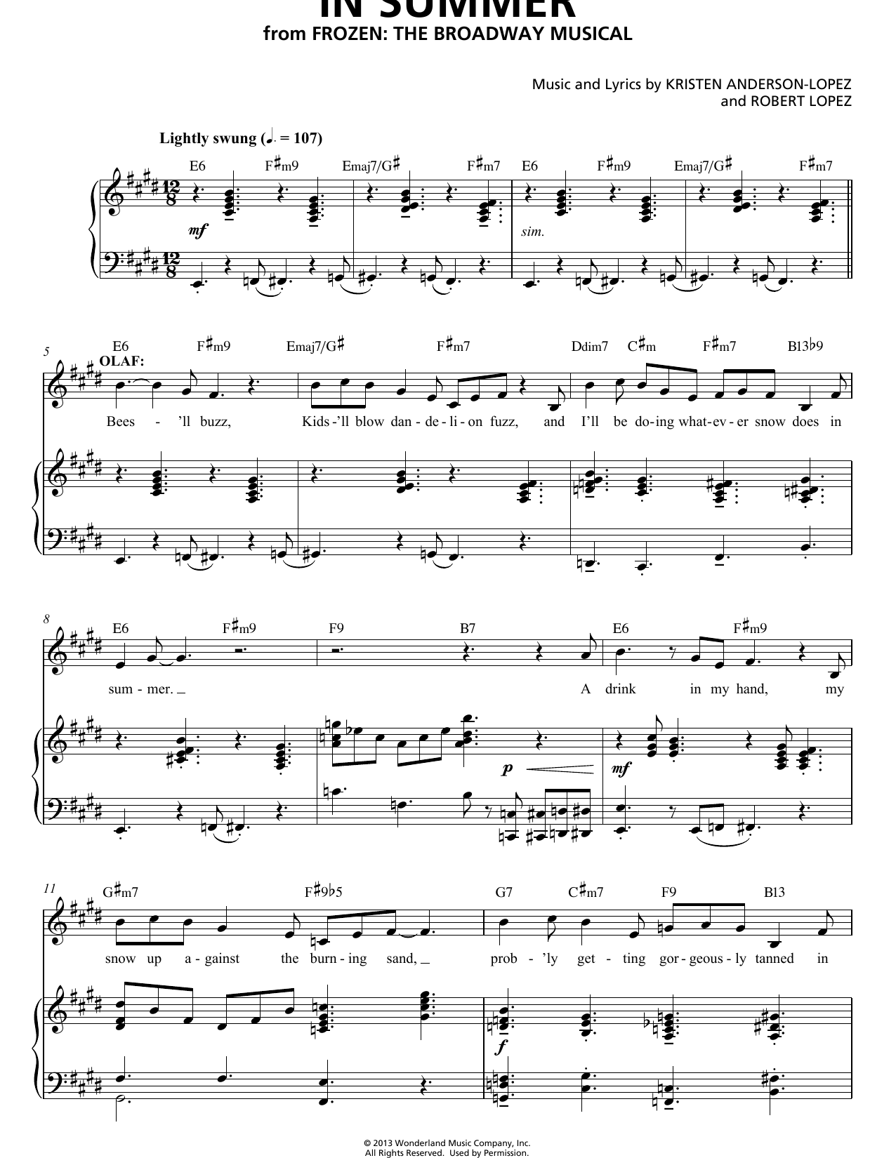 Kristen Anderson-Lopez & Robert Lopez In Summer (from Frozen: The Broadway Musical) sheet music notes and chords arranged for Piano, Vocal & Guitar Chords (Right-Hand Melody)
