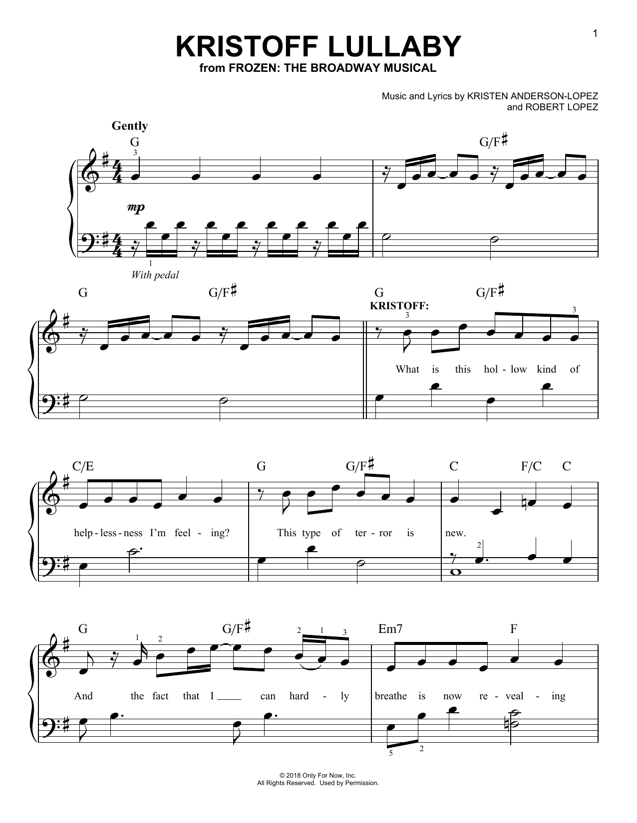 Kristen Anderson-Lopez & Robert Lopez Kristoff Lullaby (from Frozen: The Broadway Musical) sheet music notes and chords arranged for Piano, Vocal & Guitar Chords (Right-Hand Melody)