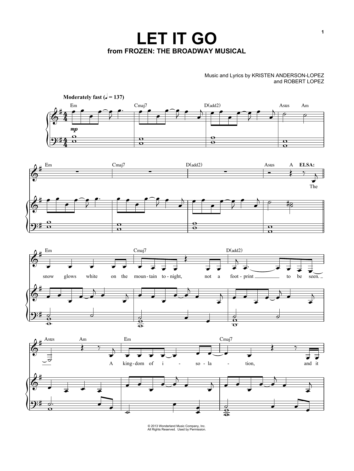 Kristen Anderson-Lopez & Robert Lopez Let It Go (from Frozen: The Broadway Musical) sheet music notes and chords arranged for Piano, Vocal & Guitar Chords (Right-Hand Melody)