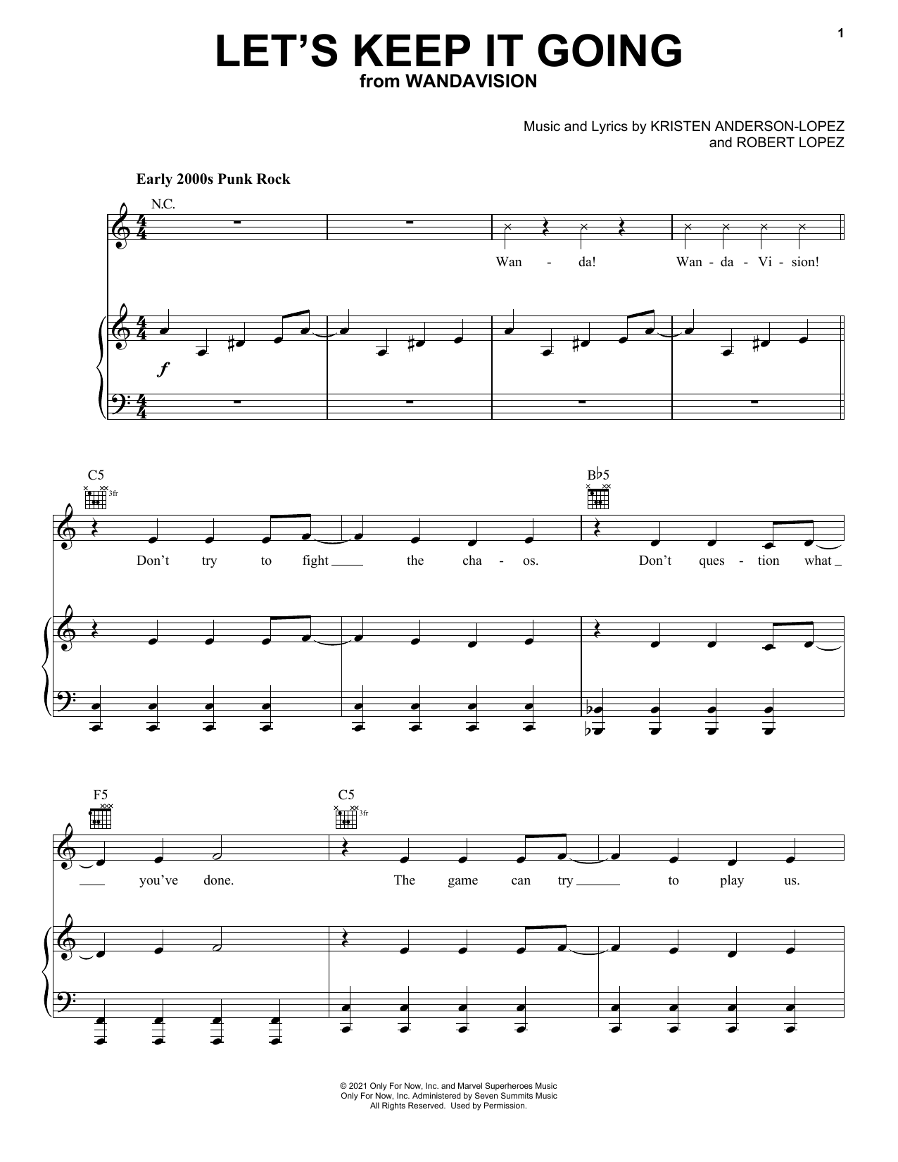 Kristen Anderson-Lopez & Robert Lopez Let's Keep It Going (from WandaVision) sheet music notes and chords arranged for Piano, Vocal & Guitar Chords (Right-Hand Melody)