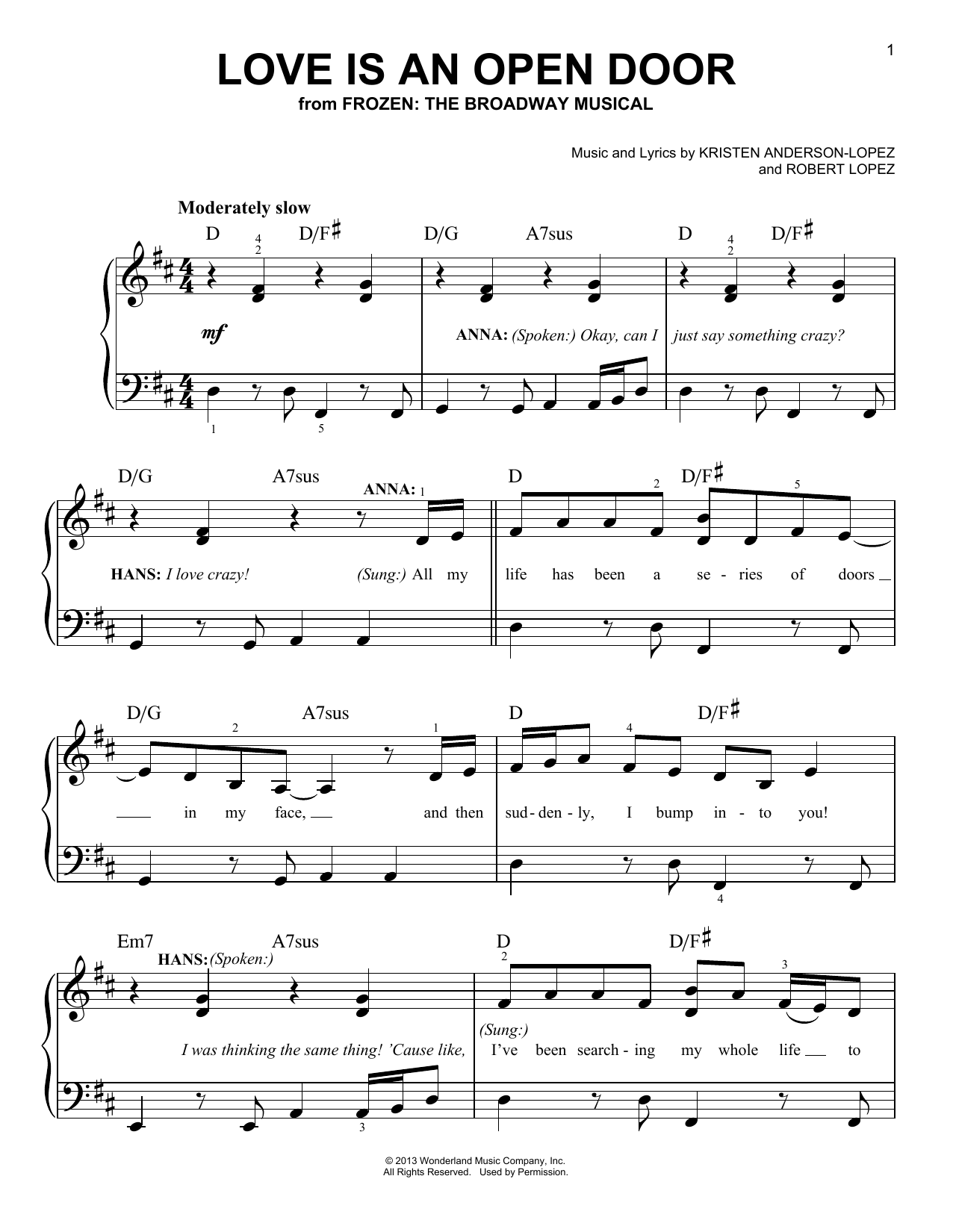Kristen Anderson-Lopez & Robert Lopez Love Is An Open Door (from Frozen: The Broadway Musical) sheet music notes and chords arranged for Easy Piano