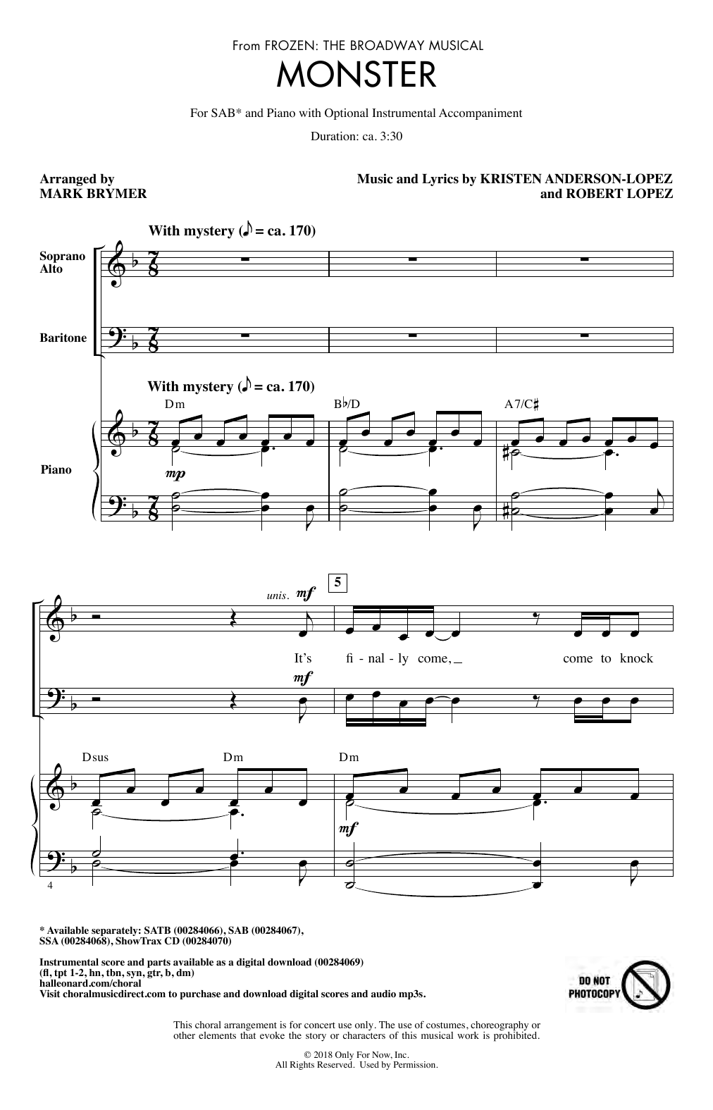 Kristen Anderson-Lopez & Robert Lopez Monster (from Frozen: The Broadway Musical) (arr. Mark Brymer) sheet music notes and chords arranged for SSA Choir