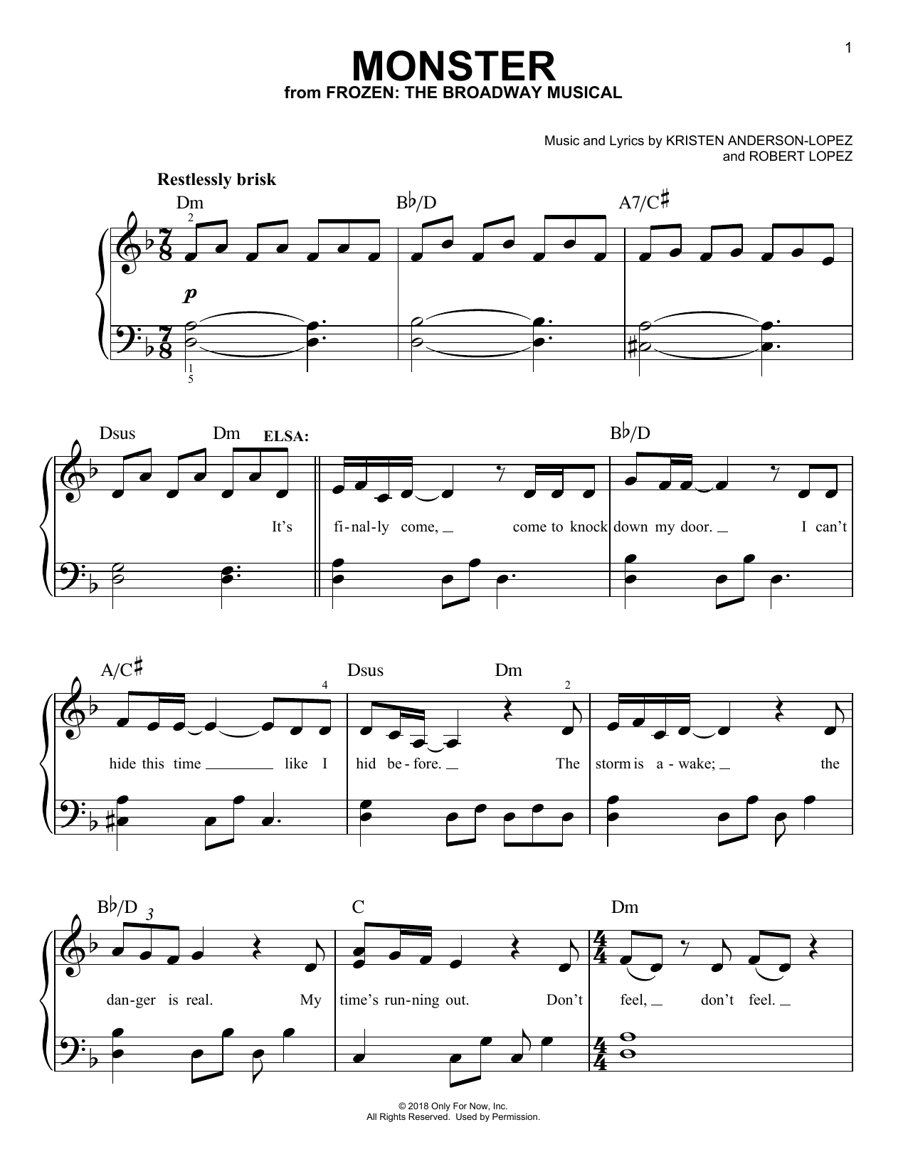 Kristen Anderson-Lopez & Robert Lopez Monster (from Frozen: The Broadway Musical) sheet music notes and chords arranged for Easy Piano