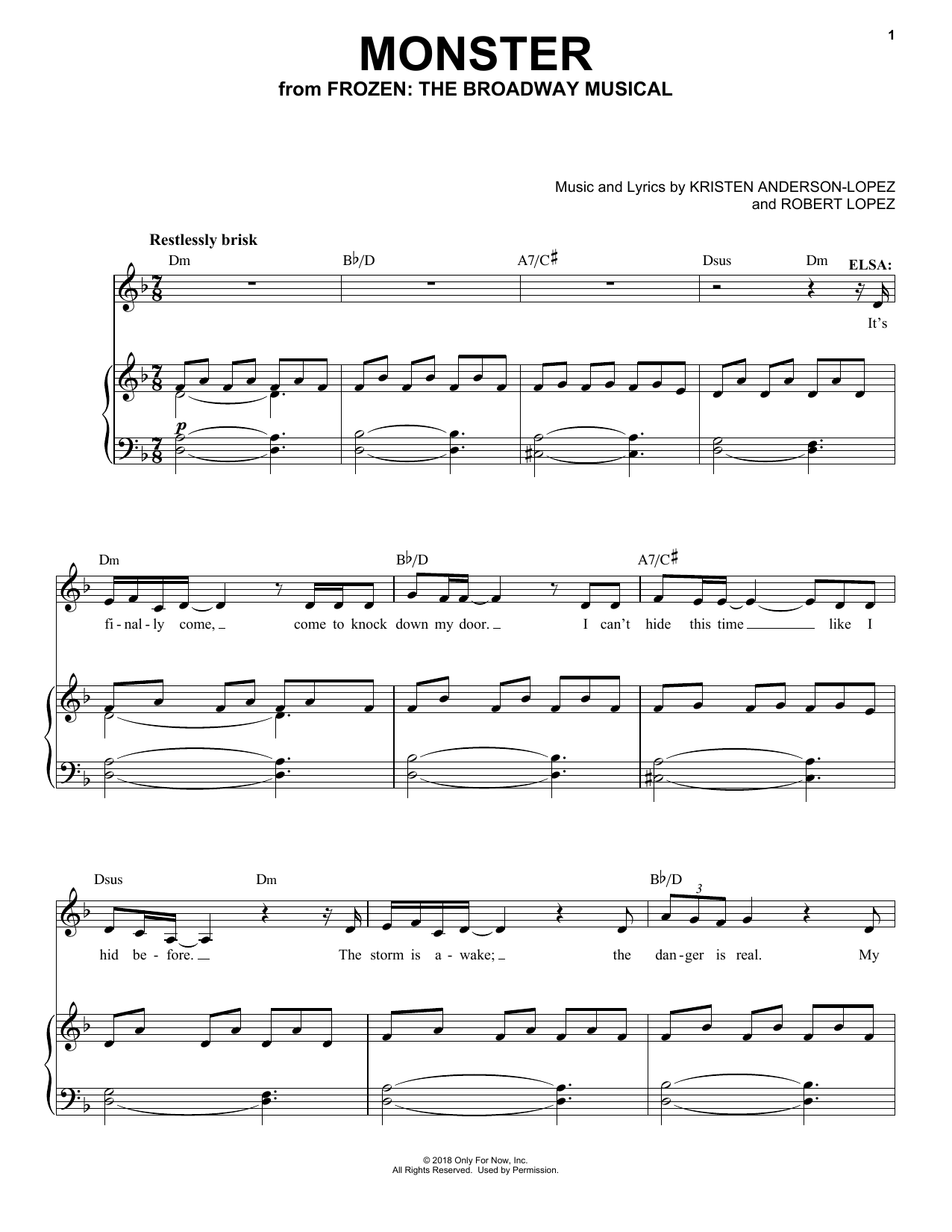 Kristen Anderson-Lopez & Robert Lopez Monster sheet music notes and chords arranged for Piano & Vocal