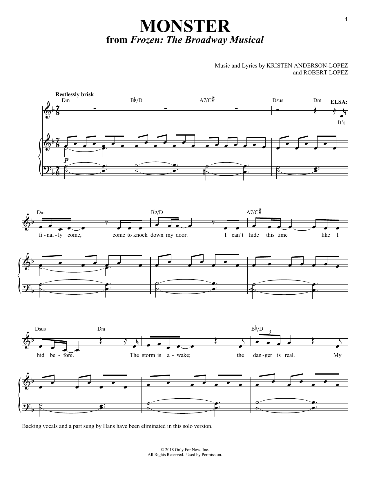 Kristen Anderson-Lopez & Robert Lopez Monster [Solo version] (from Frozen: The Broadway Musical) sheet music notes and chords arranged for Piano & Vocal
