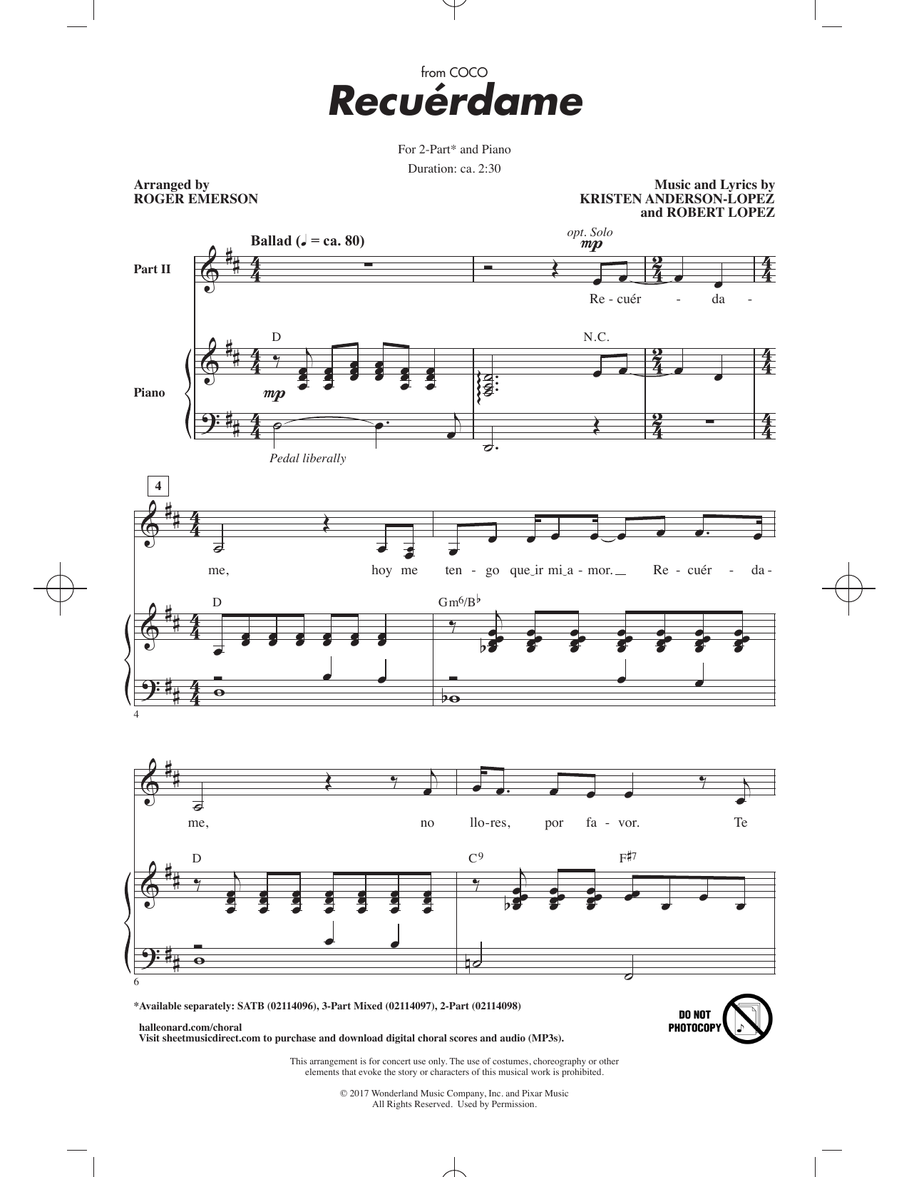 Kristen Anderson-Lopez & Robert Lopez Recuérdame (from Coco) (arr. Roger Emerson) sheet music notes and chords arranged for 2-Part Choir