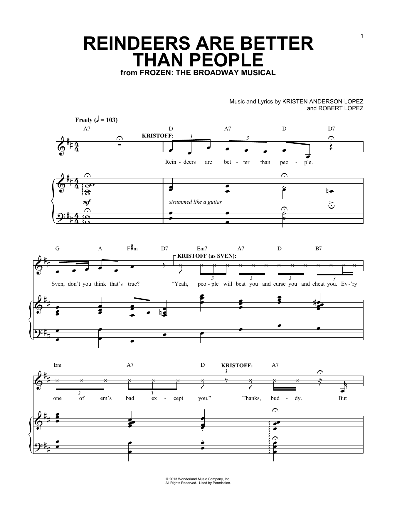Kristen Anderson-Lopez & Robert Lopez Reindeer(s) Are Better Than People (from Frozen: The Broadway Musical) sheet music notes and chords arranged for Piano & Vocal