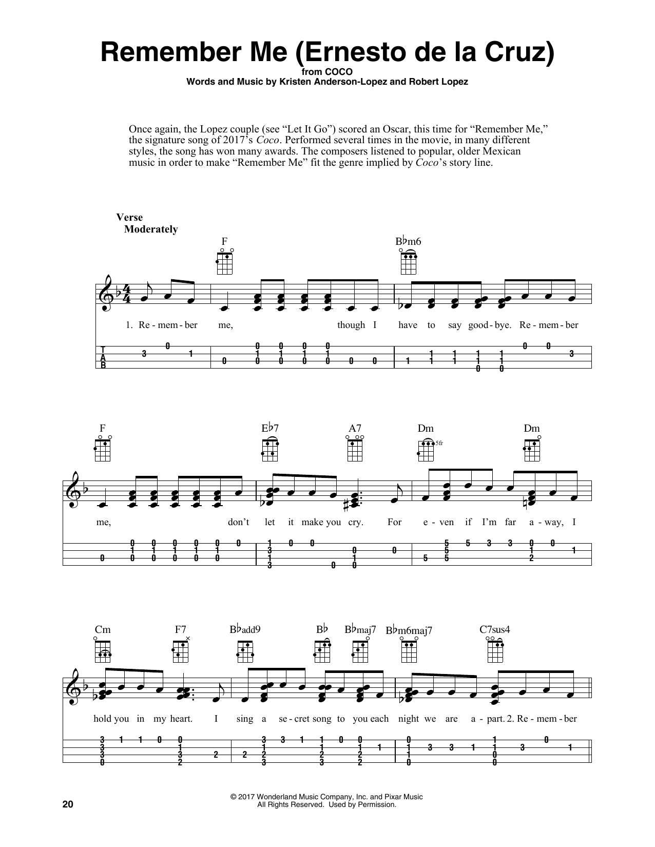 Kristen Anderson-Lopez & Robert Lopez Remember Me (Ernesto de la Cruz) (from Coco) (arr. Fred Sokolow) sheet music notes and chords arranged for Easy Ukulele Tab
