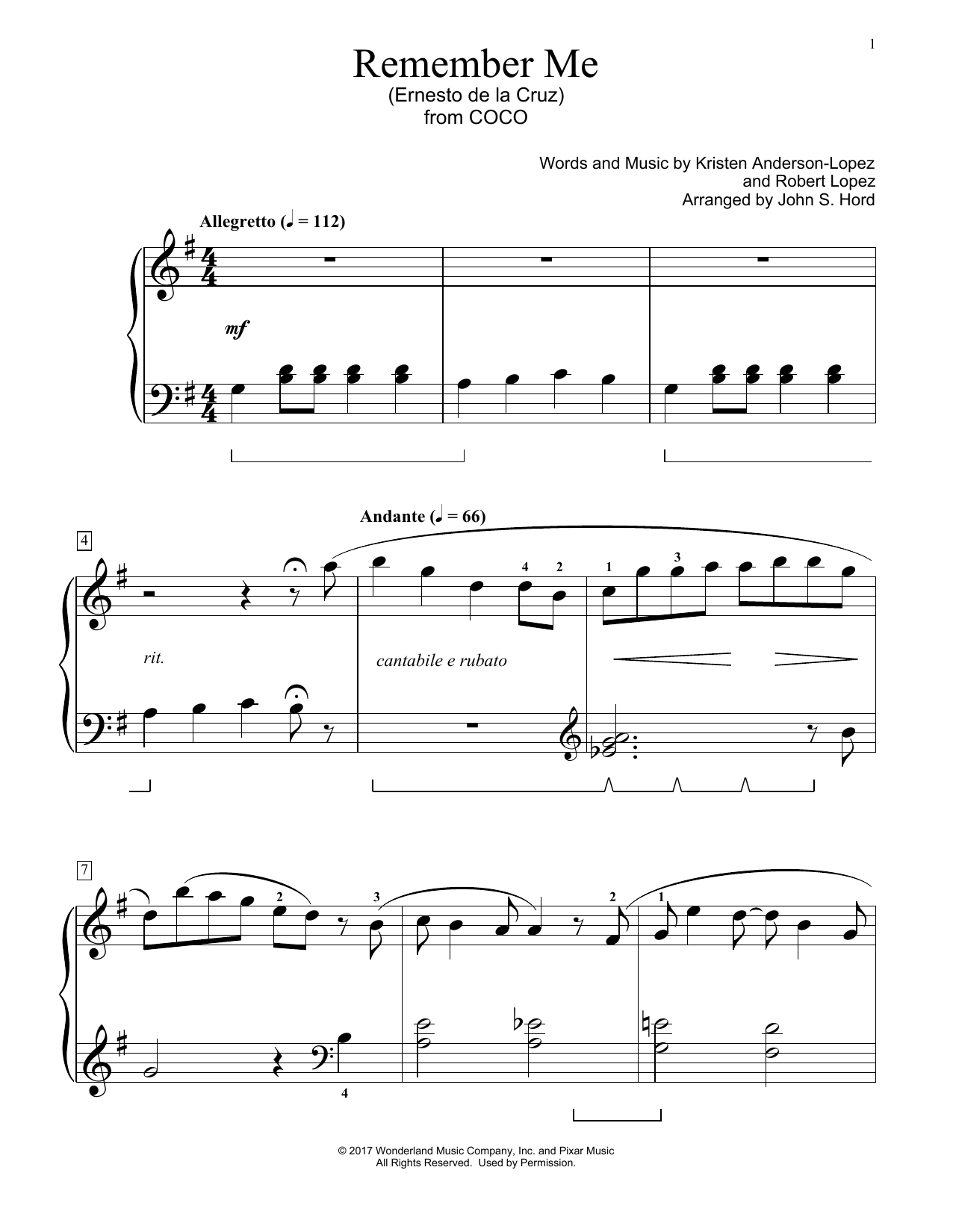 Kristen Anderson-Lopez & Robert Lopez Remember Me (Ernesto de la Cruz) (from Coco) (arr. John S. Hord) sheet music notes and chords arranged for Educational Piano