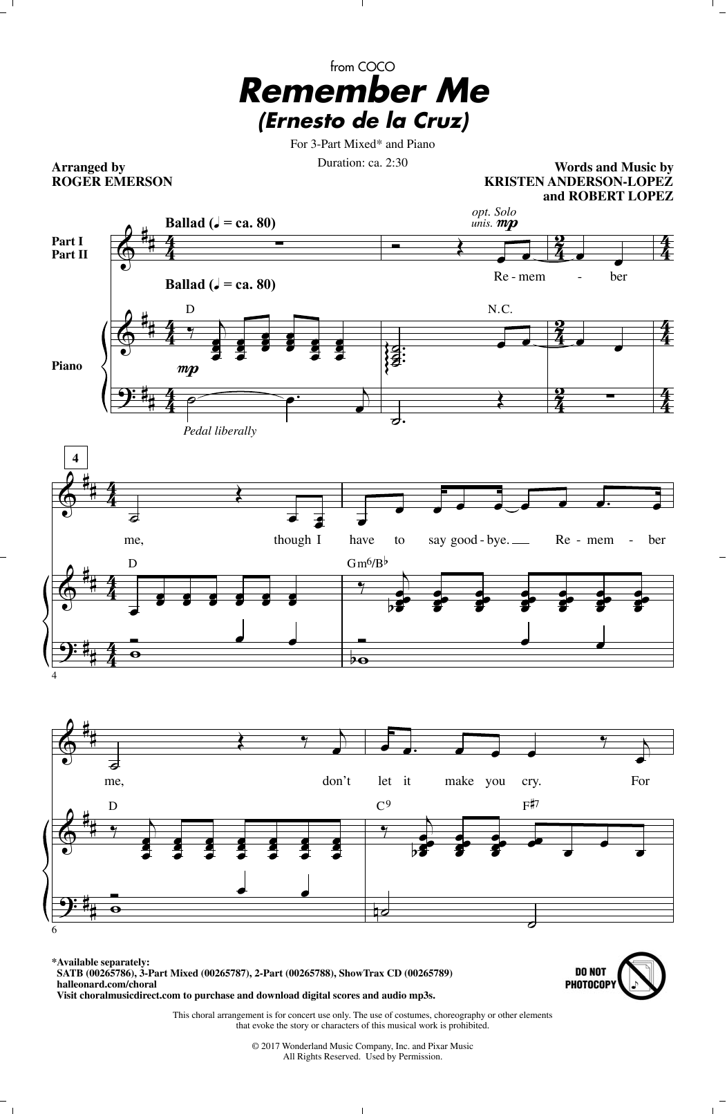 Kristen Anderson-Lopez & Robert Lopez Remember Me (Ernesto de la Cruz) (from Coco) (arr. Roger Emerson) sheet music notes and chords arranged for 3-Part Mixed Choir