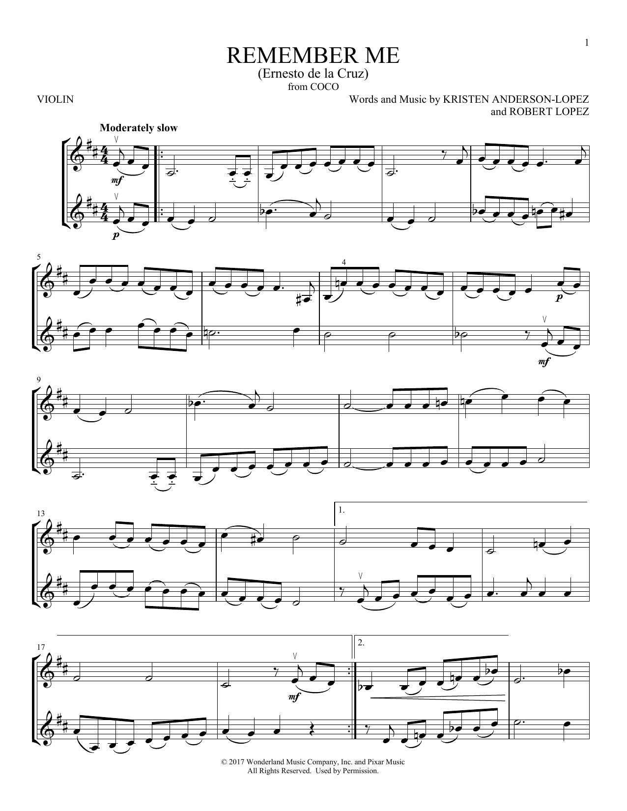 Kristen Anderson-Lopez & Robert Lopez Remember Me (Ernesto de la Cruz) (from Disney's Coco) sheet music notes and chords arranged for Violin Duet