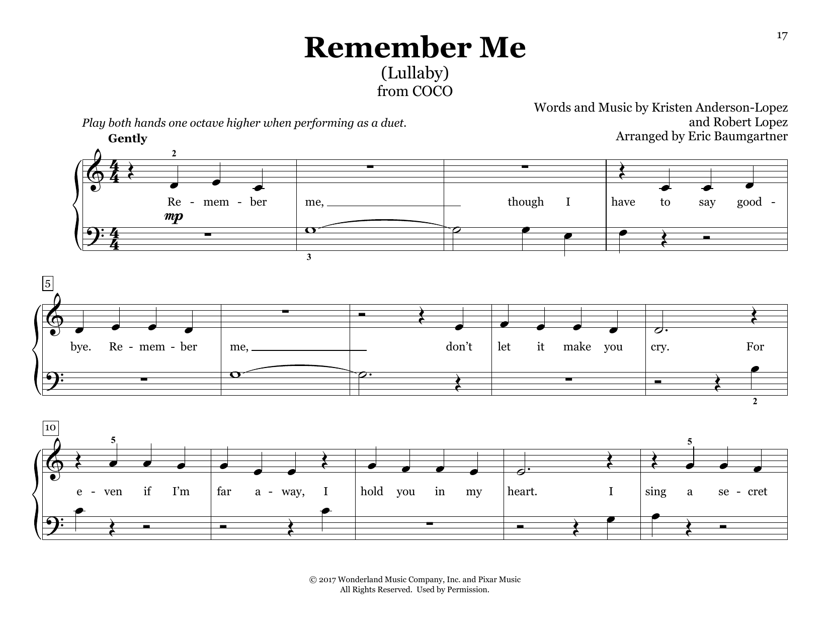 Kristen Anderson-Lopez & Robert Lopez Remember Me (Lullaby) (from Coco) (arr. Eric Baumgartner) sheet music notes and chords arranged for Piano Duet
