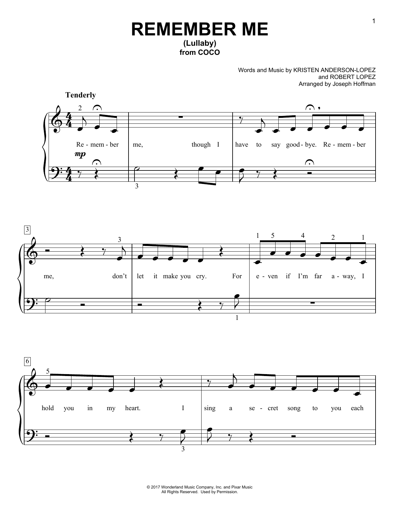 Kristen Anderson-Lopez & Robert Lopez Remember Me (Lullaby) (from Coco) (arr. Joseph Hoffman) sheet music notes and chords arranged for Easy Piano