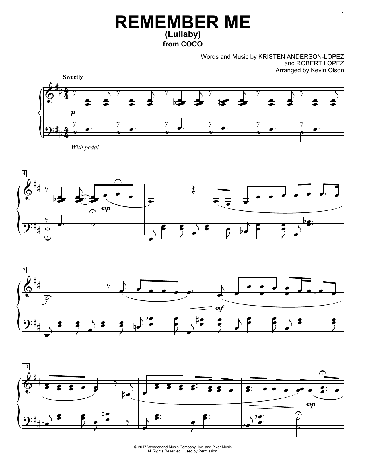 Kristen Anderson-Lopez & Robert Lopez Remember Me (Lullaby) (from Coco) (arr. Kevin Olson) sheet music notes and chords arranged for Easy Piano Solo