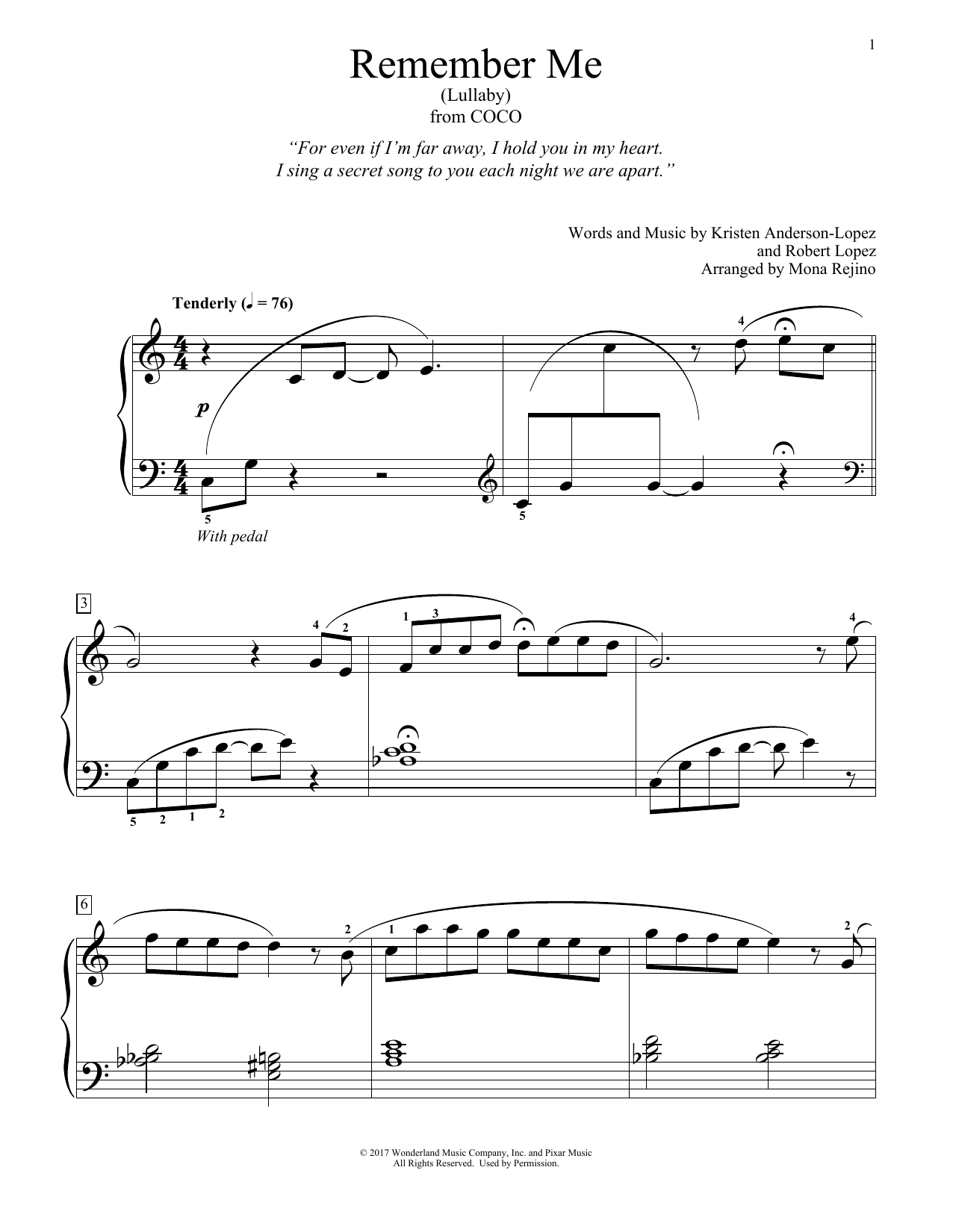Kristen Anderson-Lopez & Robert Lopez Remember Me (Lullaby) (from Coco) (arr. Mona Rejino) sheet music notes and chords arranged for Educational Piano