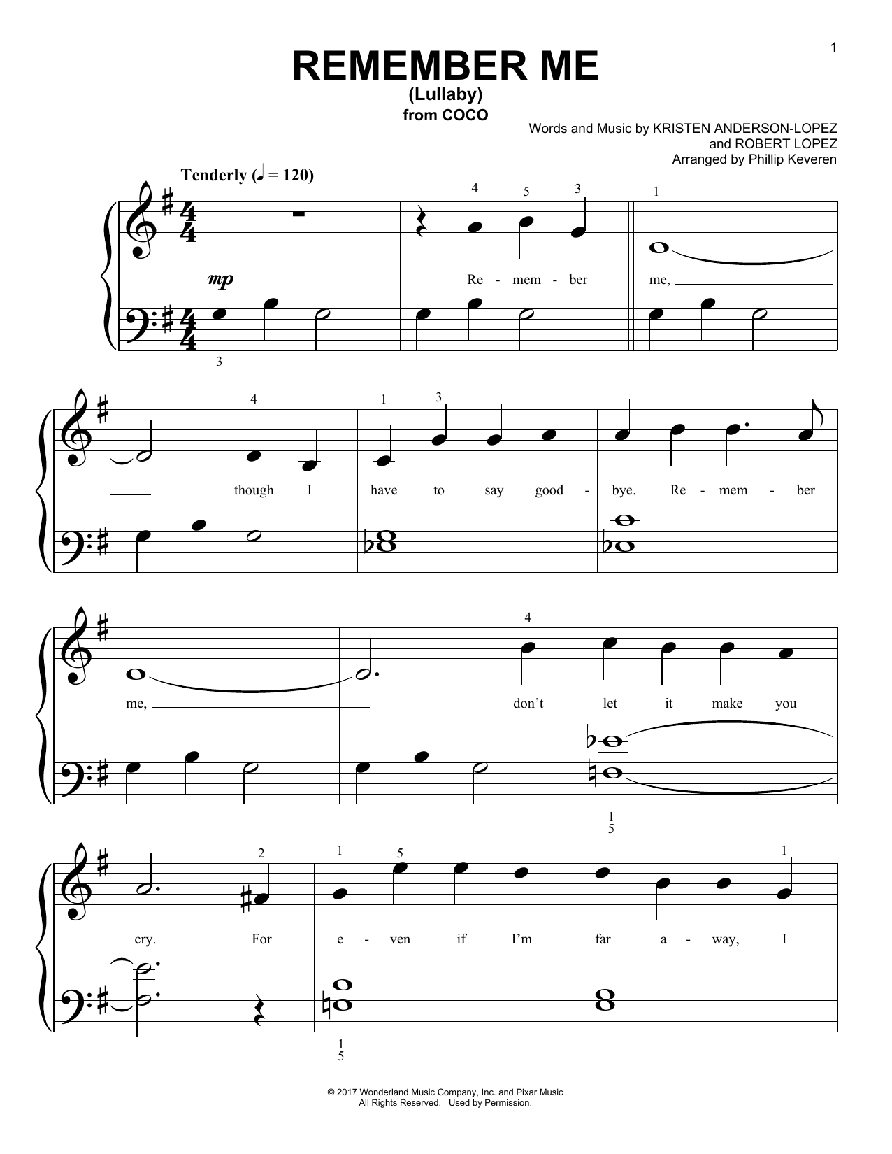 Kristen Anderson-Lopez & Robert Lopez Remember Me (Lullaby) (from Coco) (arr. Phillip Keveren) sheet music notes and chords arranged for Big Note Piano