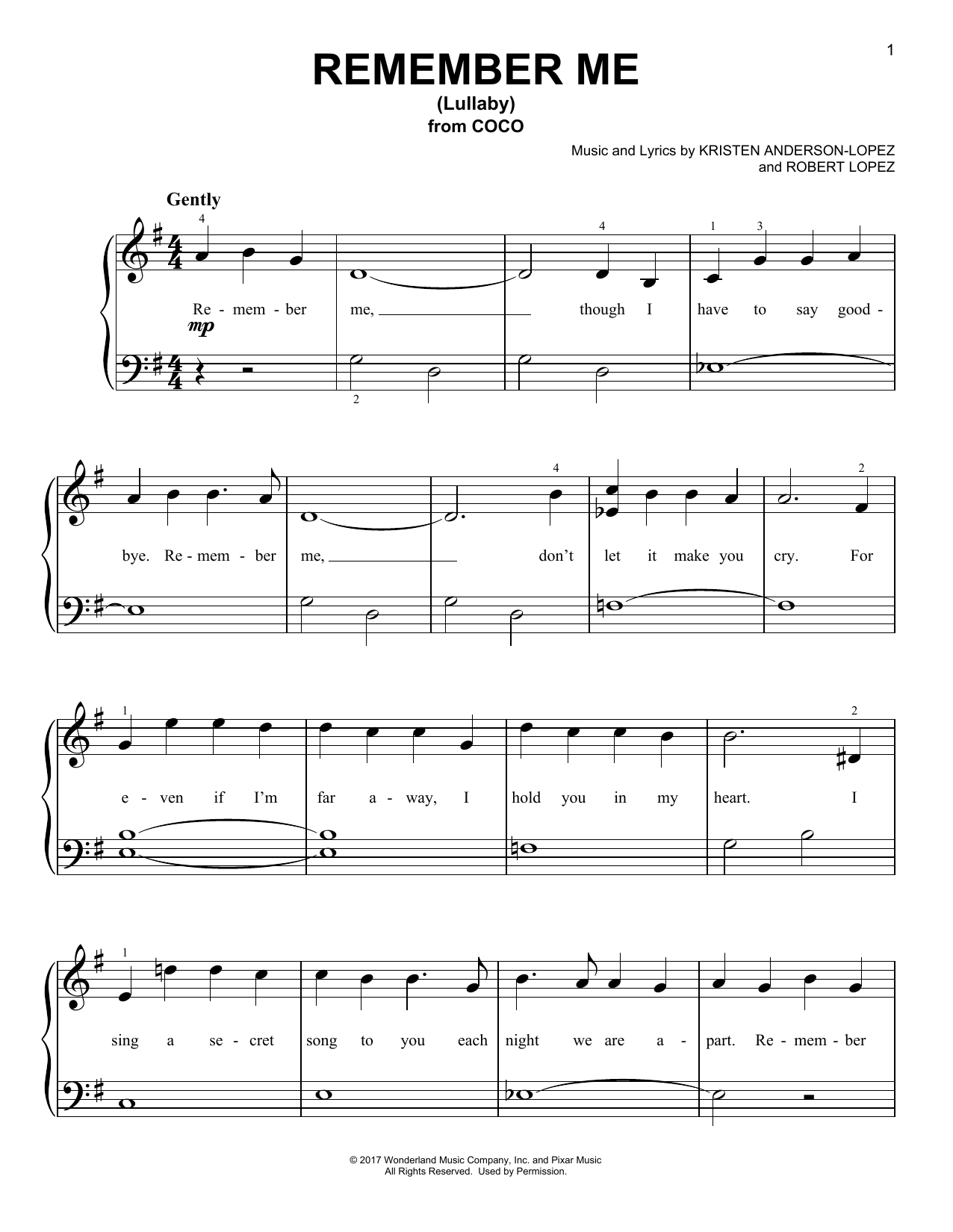 Kristen Anderson-Lopez & Robert Lopez Remember Me (Lullaby) (from Coco) sheet music notes and chords arranged for Very Easy Piano