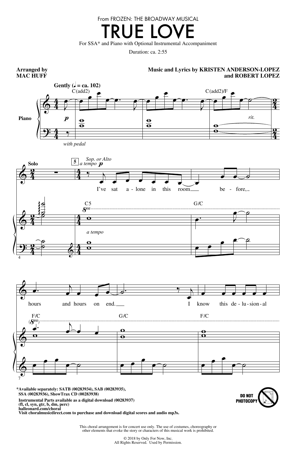 Kristen Anderson-Lopez & Robert Lopez True Love (from Frozen: the Broadway Musical) (Arr. Mac Huff) sheet music notes and chords arranged for SSA Choir