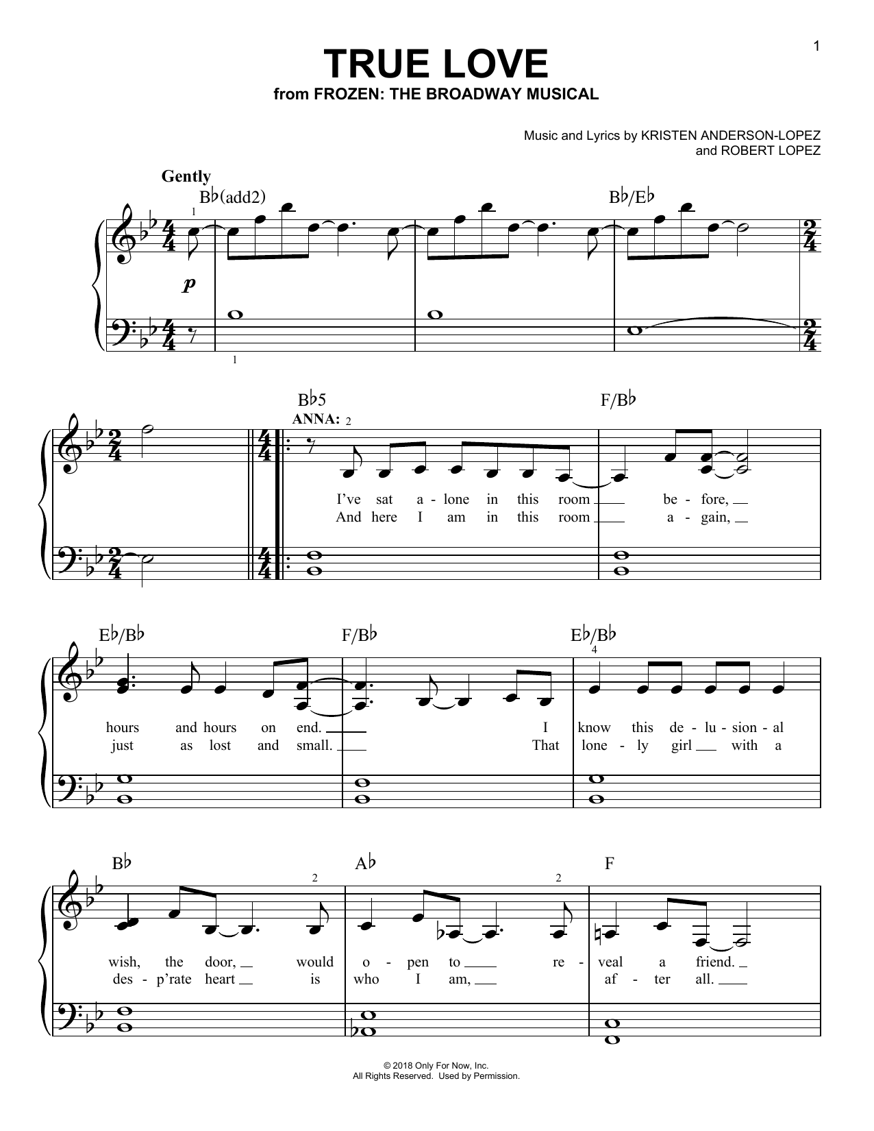 Kristen Anderson-Lopez & Robert Lopez True Love (from Frozen: The Broadway Musical) sheet music notes and chords arranged for Easy Piano