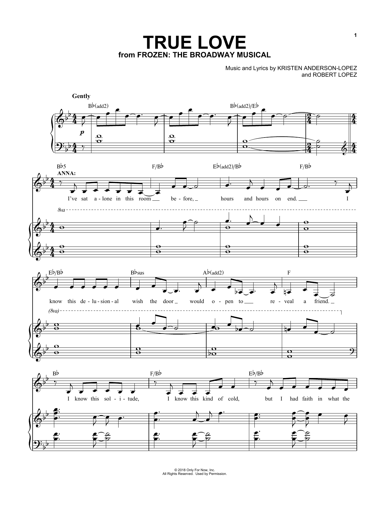 Kristen Anderson-Lopez & Robert Lopez True Love (from Frozen: The Broadway Musical) sheet music notes and chords arranged for Easy Piano