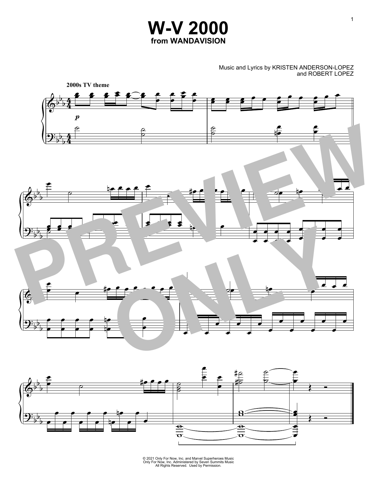 Kristen Anderson-Lopez & Robert Lopez W-V 2000 (from WandaVision) sheet music notes and chords arranged for Piano Solo