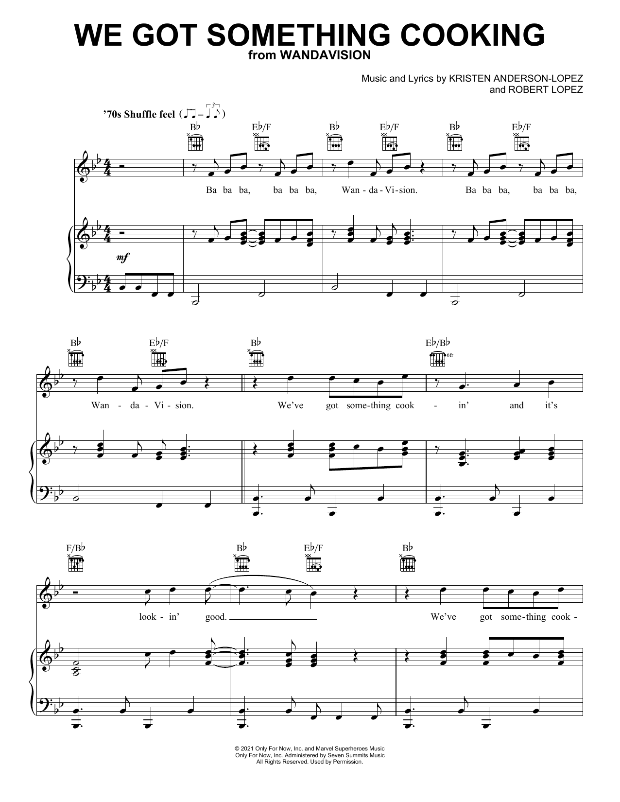 Kristen Anderson-Lopez & Robert Lopez We Got Something Cookin' (from WandaVision) sheet music notes and chords arranged for Piano, Vocal & Guitar Chords (Right-Hand Melody)