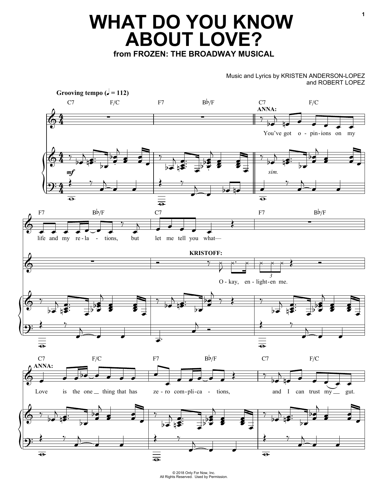 Kristen Anderson-Lopez & Robert Lopez What Do You Know About Love? (from Frozen: the Broadway Musical) sheet music notes and chords arranged for Easy Piano