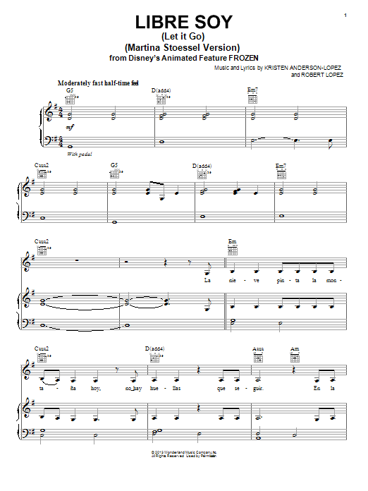 Kristen Anderson-Lopez Libre Soy (Martina Stoessel Version) sheet music notes and chords arranged for Piano, Vocal & Guitar Chords (Right-Hand Melody)