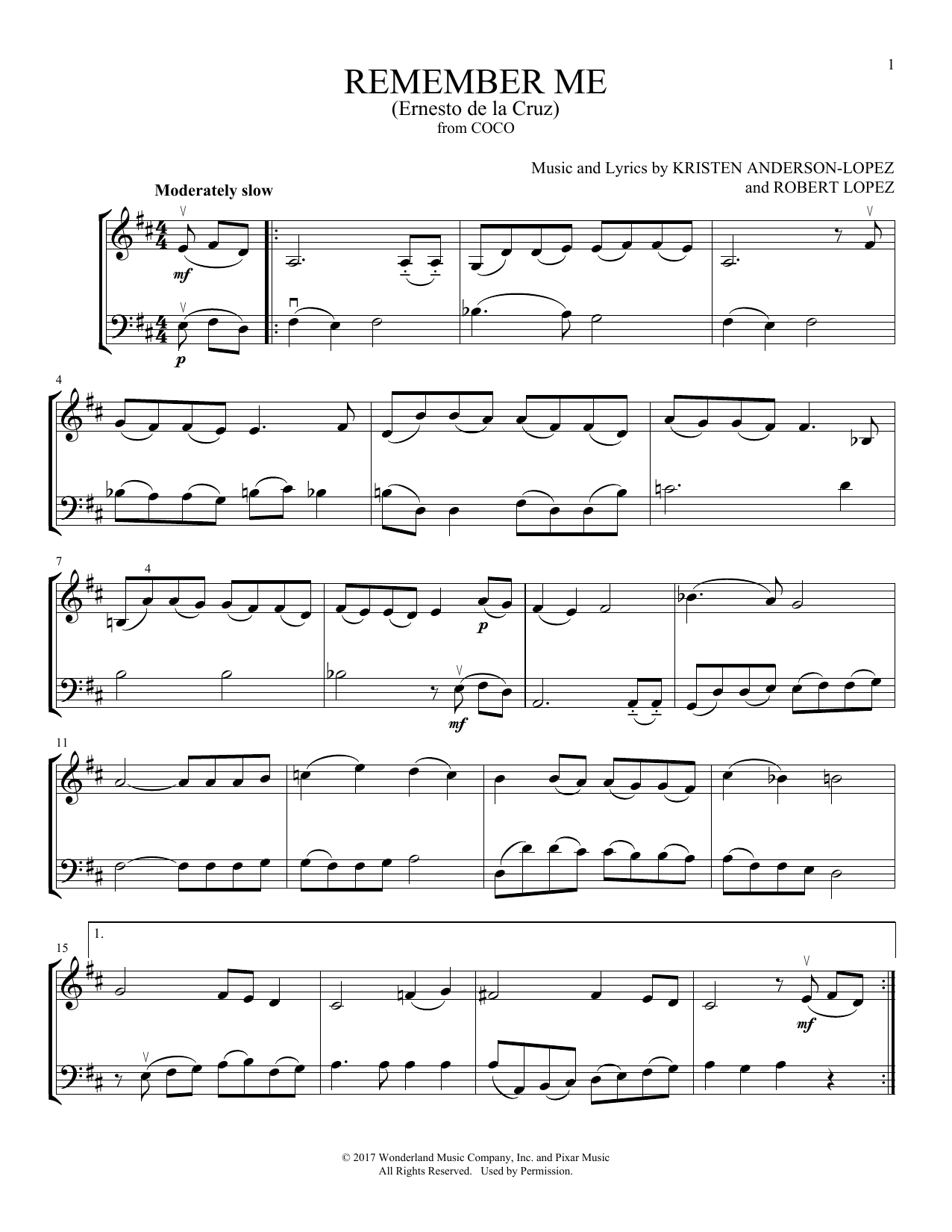 Kristen Anderson-Lopez Remember Me (Ernesto de la Cruz) (from Coco) (arr. Michelle Hynson) sheet music notes and chords arranged for Instrumental Duet