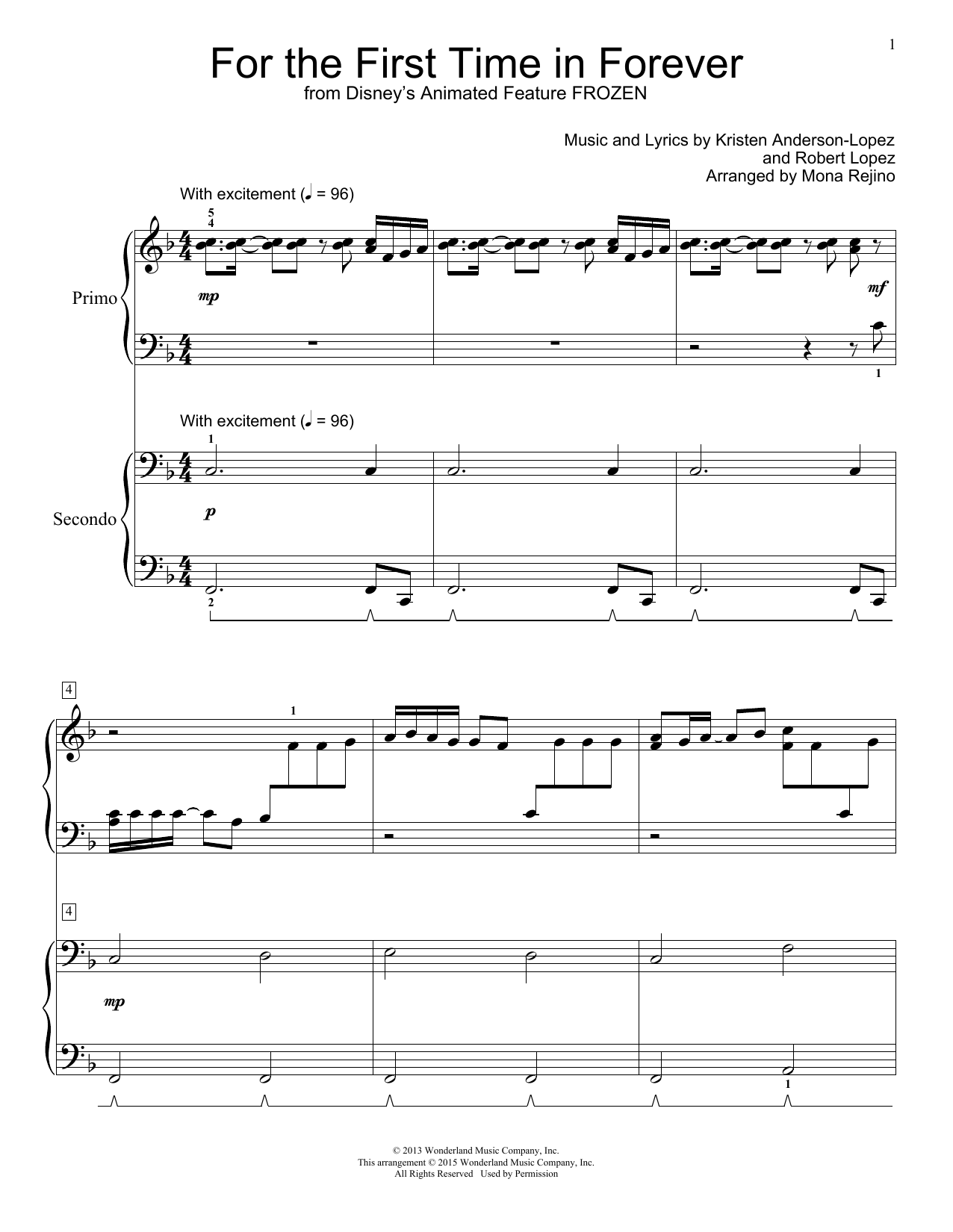 Kristen Bell & Idina Menzel For The First Time In Forever (from Frozen) (arr. Mona Rejino) sheet music notes and chords arranged for Piano Duet