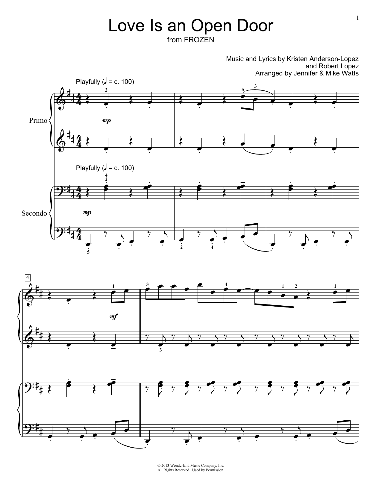 Kristen Bell & Santino Fontana Love Is An Open Door (from Frozen) (arr. Jennifer and Mike Watts) sheet music notes and chords arranged for Piano Duet