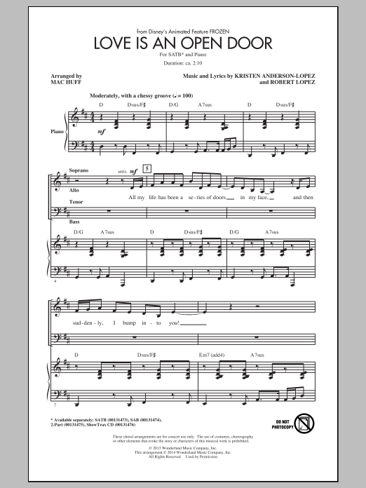 Kristen Bell & Santino Fontana Love Is An Open Door (from Frozen) (arr. Mac Huff) sheet music notes and chords arranged for SATB Choir