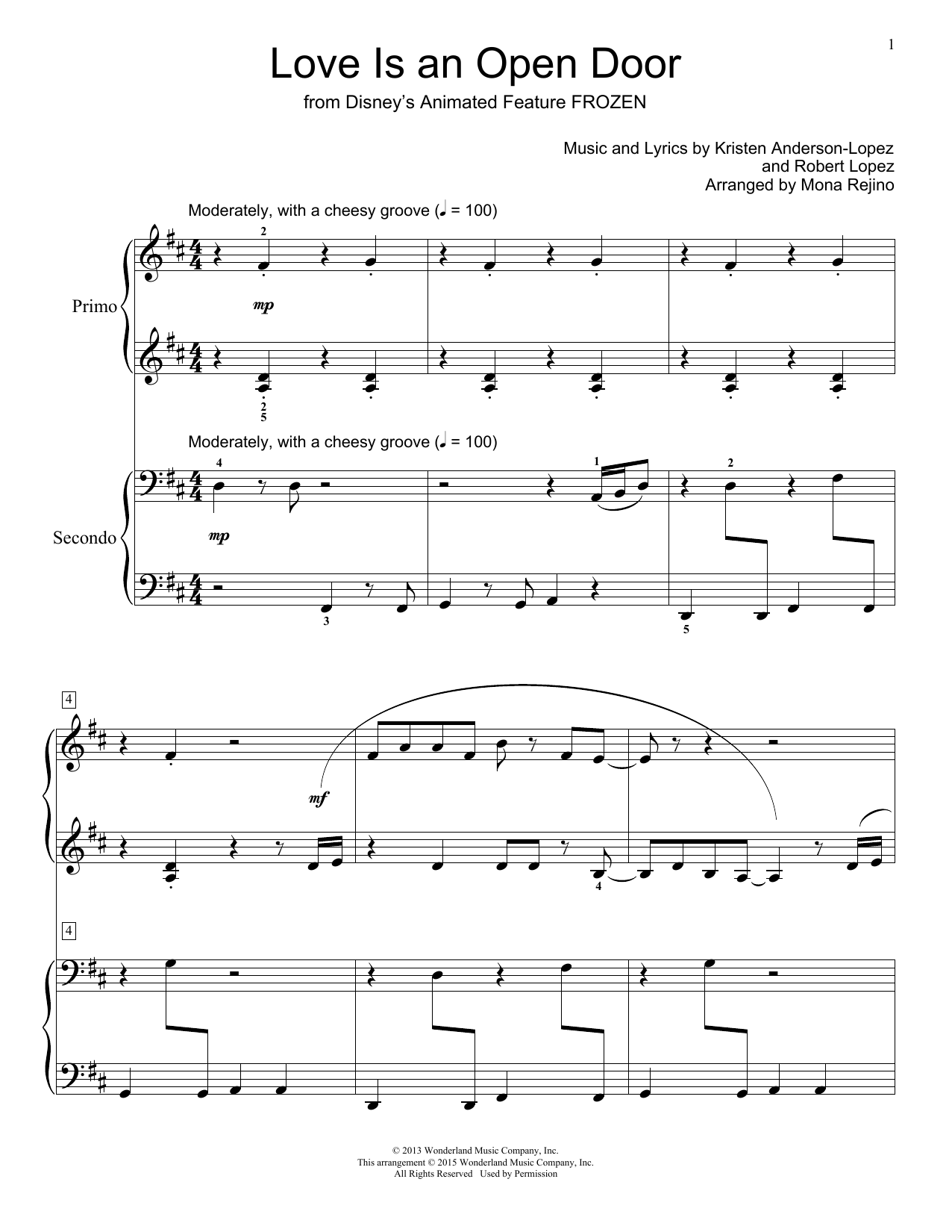 Kristen Bell & Santino Fontana Love Is An Open Door (from Frozen) (arr. Mona Rejino) sheet music notes and chords arranged for Piano Duet