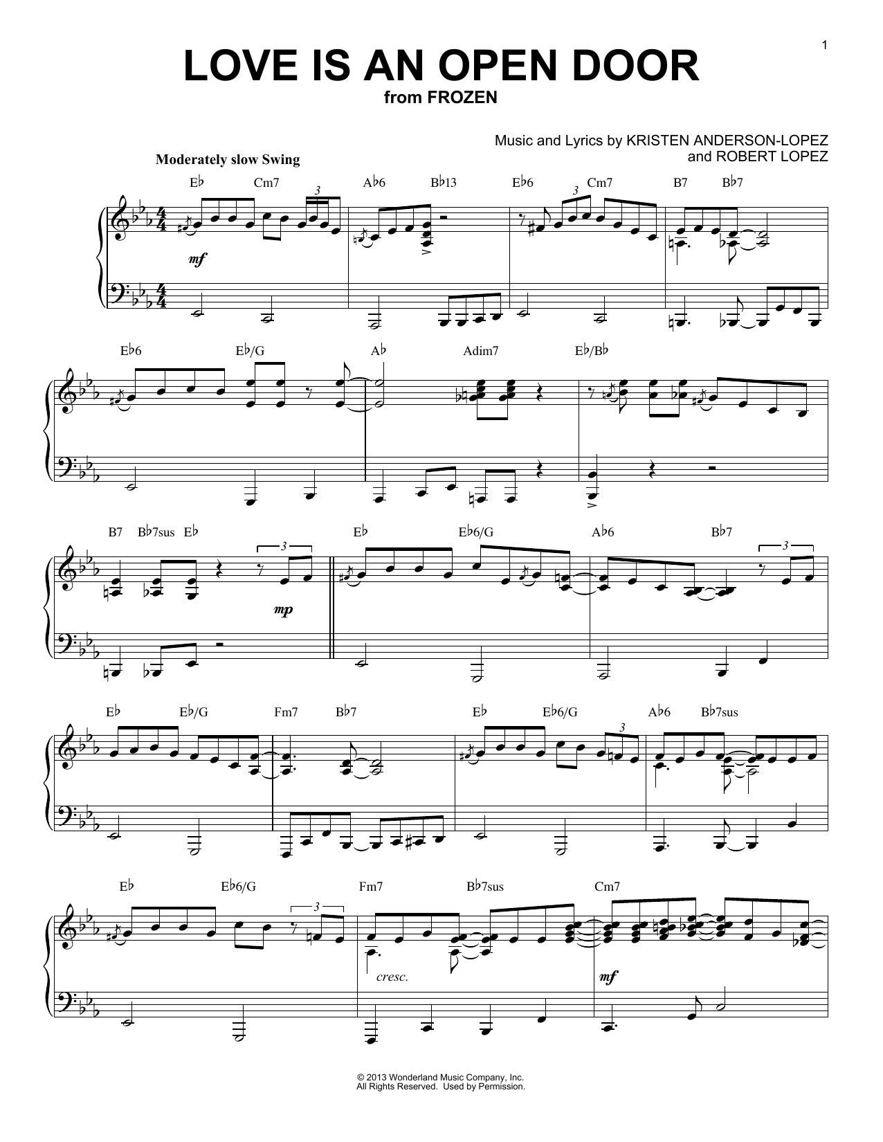 Kristen Bell & Santino Fontana Love Is An Open Door [Jazz version] (from Frozen) sheet music notes and chords arranged for Piano Solo