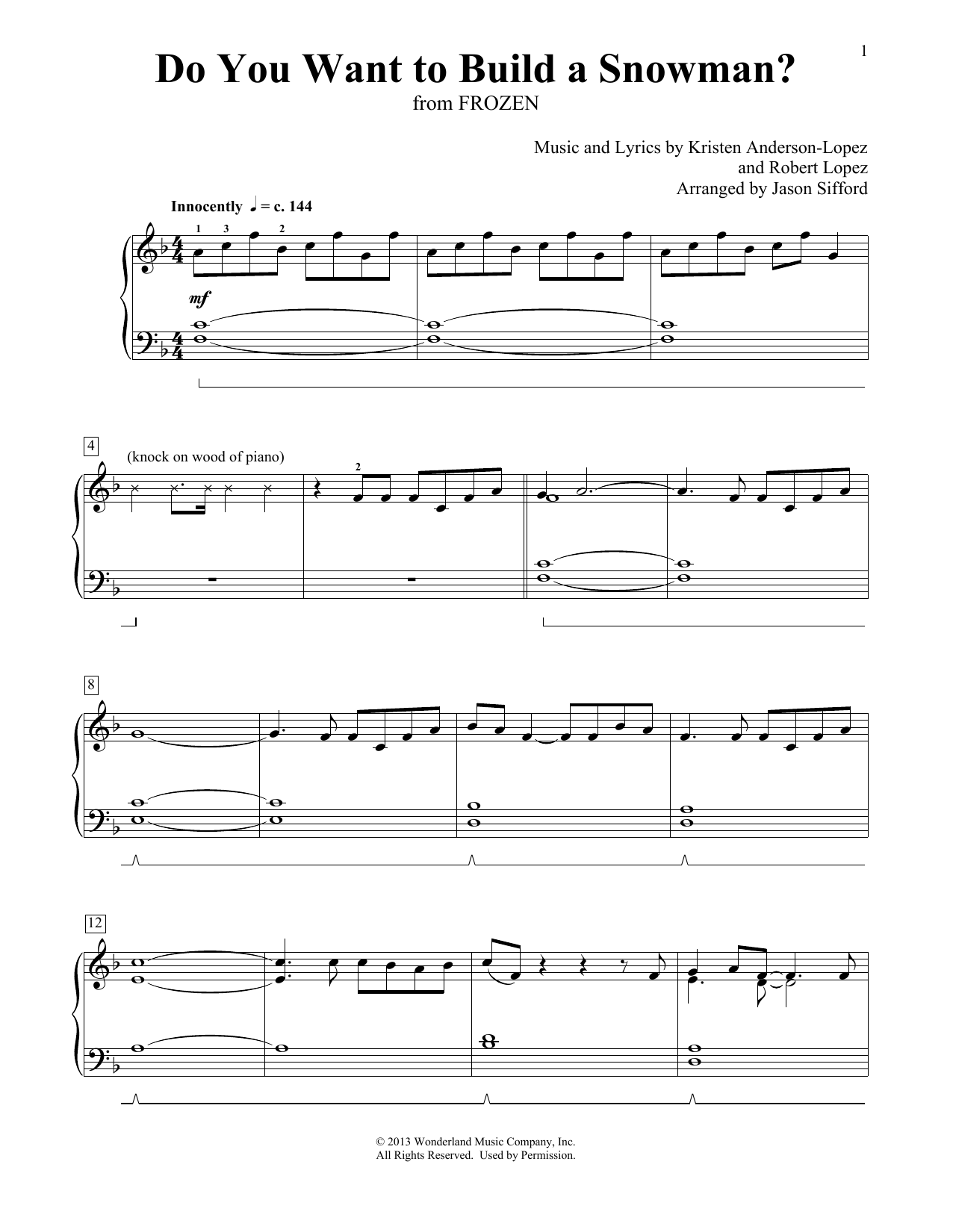 Kristen Bell, Agatha Lee Monn & Katie Lopez Do You Want To Build A Snowman? (from Frozen) (arr. Jason Sifford) sheet music notes and chords arranged for Educational Piano