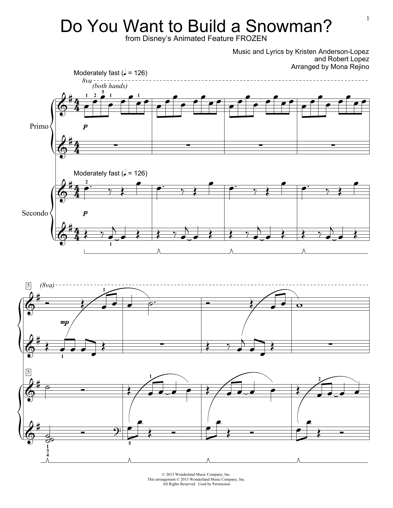 Kristen Bell, Agatha Lee Monn & Katie Lopez Do You Want To Build A Snowman? (from Frozen) (arr. Mona Rejino) sheet music notes and chords arranged for Piano Duet